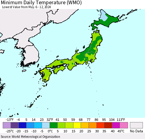 Japan Minimum Daily Temperature (WMO) Thematic Map For 5/6/2024 - 5/12/2024