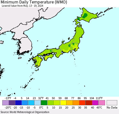 Japan Minimum Daily Temperature (WMO) Thematic Map For 5/13/2024 - 5/19/2024
