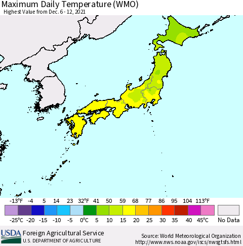Japan Maximum Daily Temperature (WMO) Thematic Map For 12/6/2021 - 12/12/2021