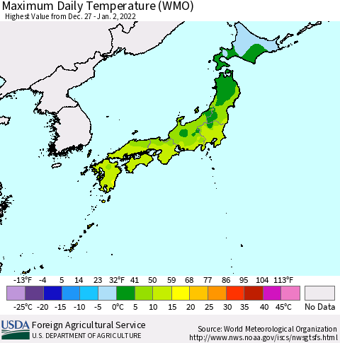 Japan Maximum Daily Temperature (WMO) Thematic Map For 12/27/2021 - 1/2/2022