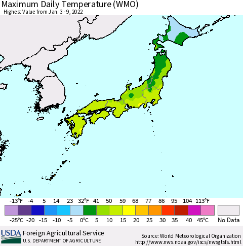 Japan Maximum Daily Temperature (WMO) Thematic Map For 1/3/2022 - 1/9/2022