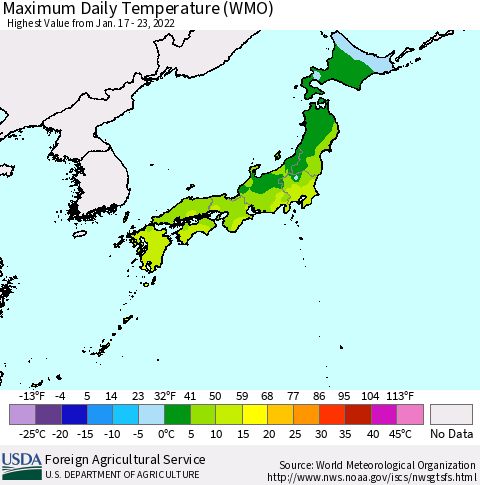Japan Maximum Daily Temperature (WMO) Thematic Map For 1/17/2022 - 1/23/2022