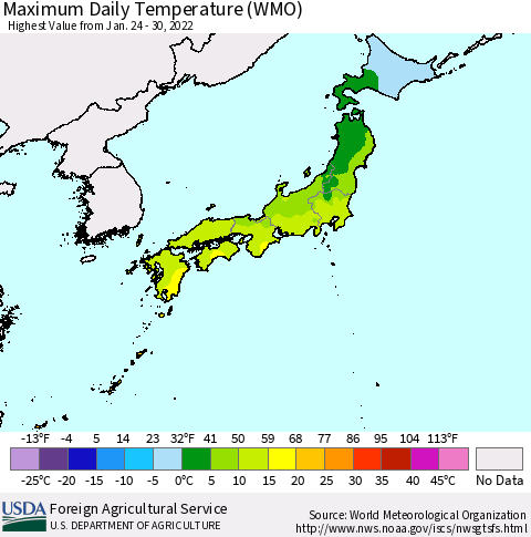 Japan Maximum Daily Temperature (WMO) Thematic Map For 1/24/2022 - 1/30/2022