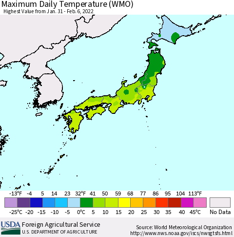 Japan Maximum Daily Temperature (WMO) Thematic Map For 1/31/2022 - 2/6/2022