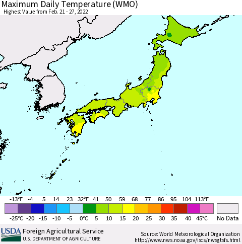 Japan Maximum Daily Temperature (WMO) Thematic Map For 2/21/2022 - 2/27/2022