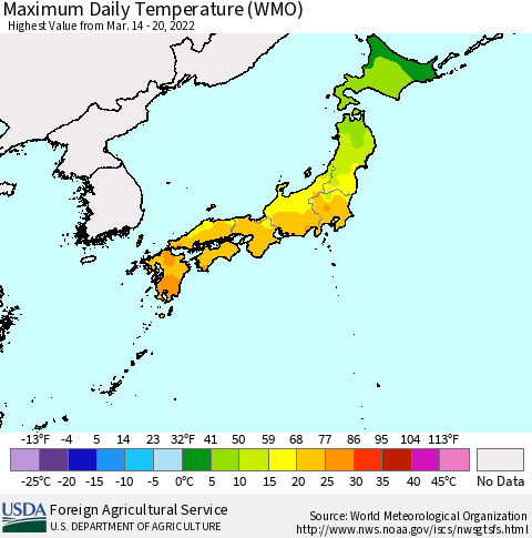 Japan Maximum Daily Temperature (WMO) Thematic Map For 3/14/2022 - 3/20/2022