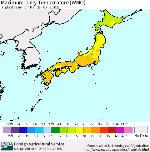 Japan Maximum Daily Temperature (WMO) Thematic Map For 3/28/2022 - 4/3/2022