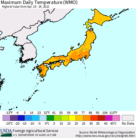 Japan Maximum Daily Temperature (WMO) Thematic Map For 4/18/2022 - 4/24/2022