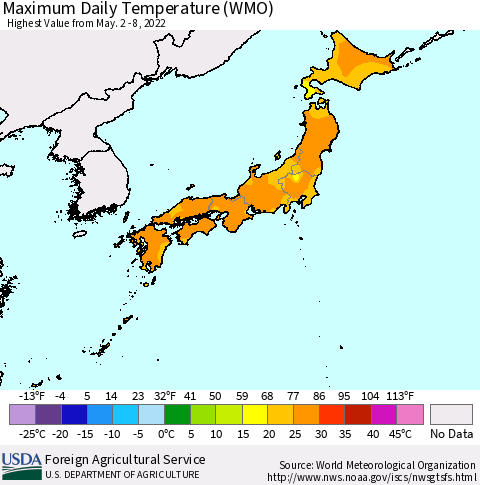 Japan Maximum Daily Temperature (WMO) Thematic Map For 5/2/2022 - 5/8/2022