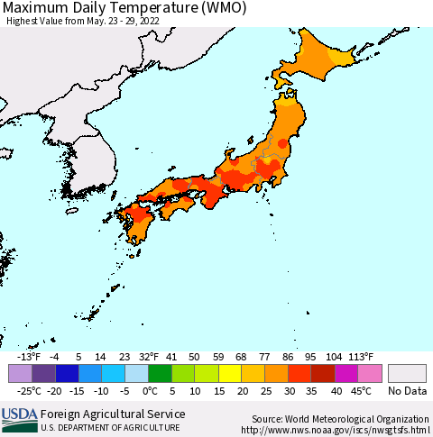 Japan Maximum Daily Temperature (WMO) Thematic Map For 5/23/2022 - 5/29/2022