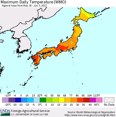 Japan Maximum Daily Temperature (WMO) Thematic Map For 5/30/2022 - 6/5/2022