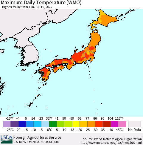Japan Maximum Daily Temperature (WMO) Thematic Map For 6/13/2022 - 6/19/2022