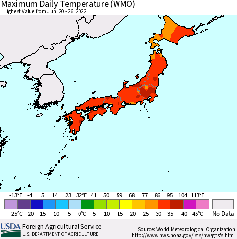 Japan Maximum Daily Temperature (WMO) Thematic Map For 6/20/2022 - 6/26/2022