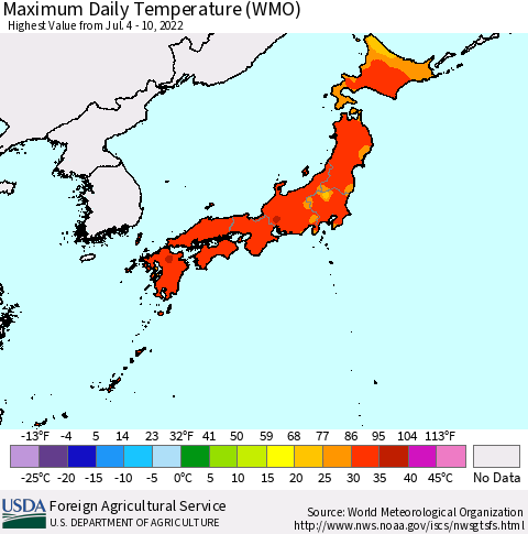 Japan Maximum Daily Temperature (WMO) Thematic Map For 7/4/2022 - 7/10/2022