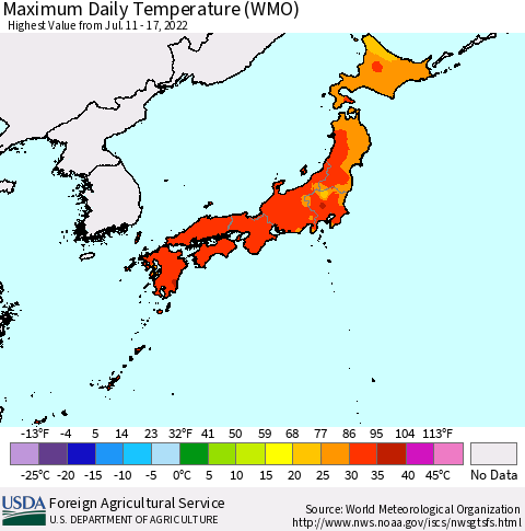 Japan Maximum Daily Temperature (WMO) Thematic Map For 7/11/2022 - 7/17/2022