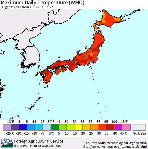 Japan Maximum Daily Temperature (WMO) Thematic Map For 7/25/2022 - 7/31/2022