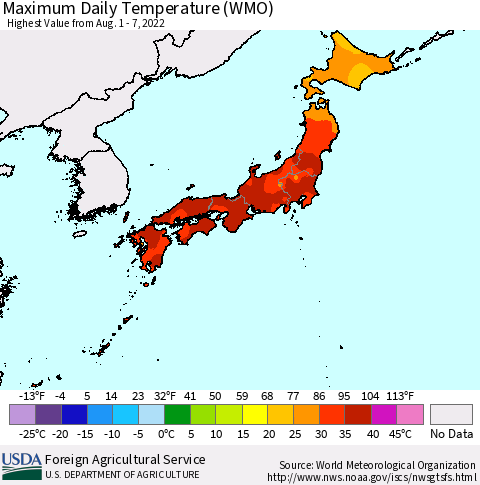 Japan Maximum Daily Temperature (WMO) Thematic Map For 8/1/2022 - 8/7/2022
