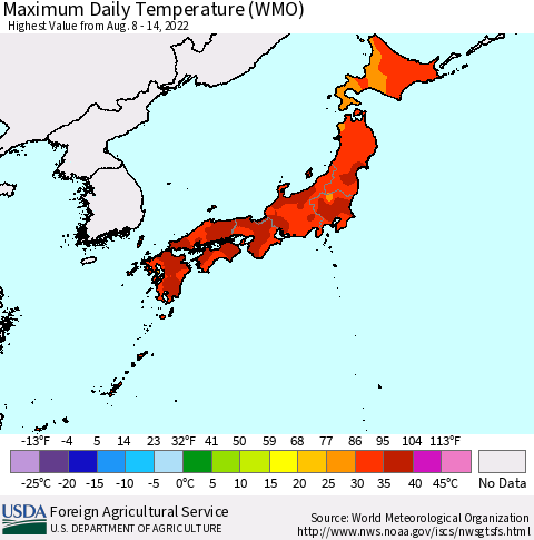 Japan Maximum Daily Temperature (WMO) Thematic Map For 8/8/2022 - 8/14/2022