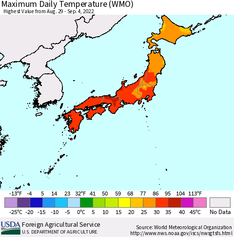 Japan Maximum Daily Temperature (WMO) Thematic Map For 8/29/2022 - 9/4/2022