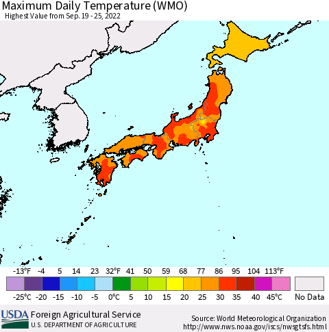 Japan Maximum Daily Temperature (WMO) Thematic Map For 9/19/2022 - 9/25/2022