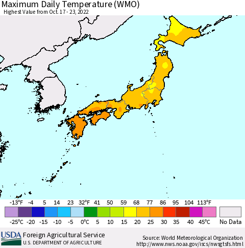 Japan Maximum Daily Temperature (WMO) Thematic Map For 10/17/2022 - 10/23/2022