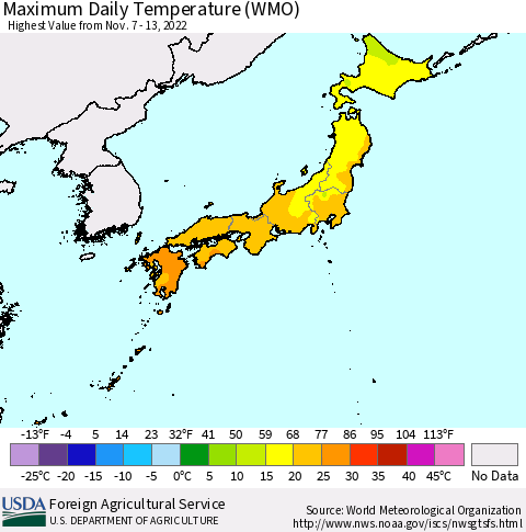 Japan Maximum Daily Temperature (WMO) Thematic Map For 11/7/2022 - 11/13/2022
