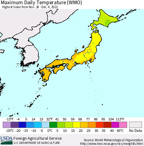 Japan Maximum Daily Temperature (WMO) Thematic Map For 11/28/2022 - 12/4/2022