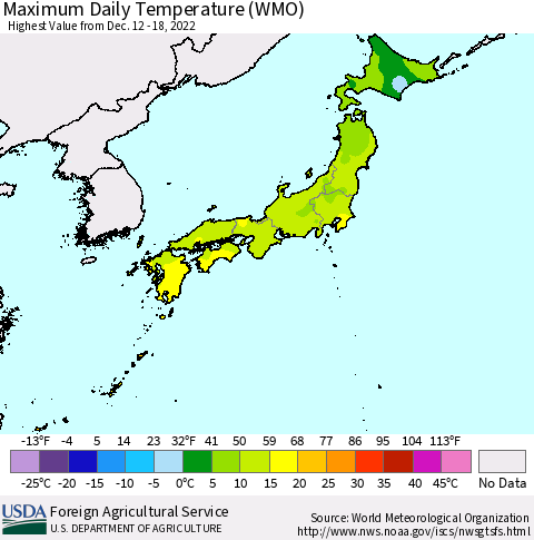 Japan Maximum Daily Temperature (WMO) Thematic Map For 12/12/2022 - 12/18/2022