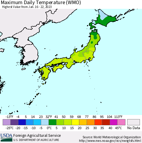 Japan Maximum Daily Temperature (WMO) Thematic Map For 1/16/2023 - 1/22/2023