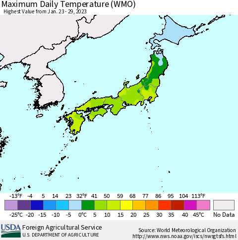 Japan Maximum Daily Temperature (WMO) Thematic Map For 1/23/2023 - 1/29/2023
