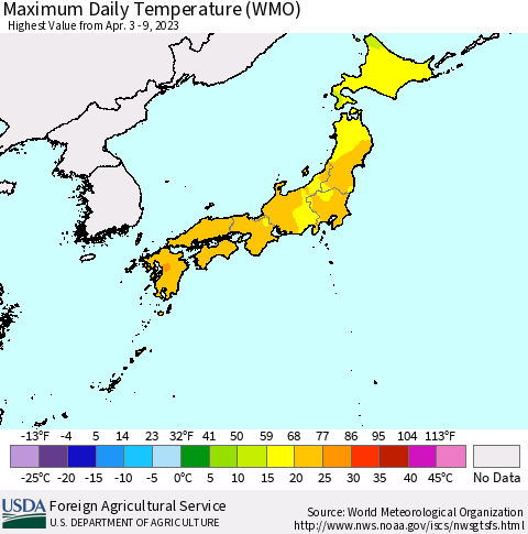 Japan Maximum Daily Temperature (WMO) Thematic Map For 4/3/2023 - 4/9/2023