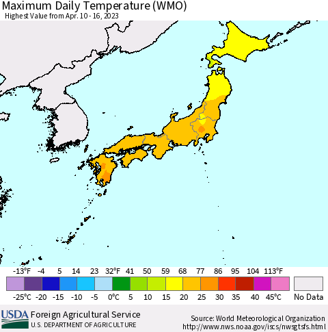 Japan Maximum Daily Temperature (WMO) Thematic Map For 4/10/2023 - 4/16/2023