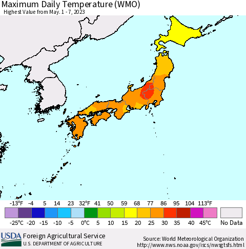 Japan Maximum Daily Temperature (WMO) Thematic Map For 5/1/2023 - 5/7/2023