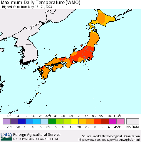 Japan Maximum Daily Temperature (WMO) Thematic Map For 5/15/2023 - 5/21/2023