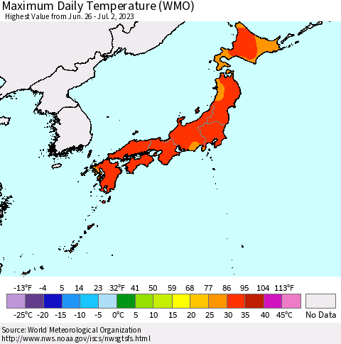 Japan Maximum Daily Temperature (WMO) Thematic Map For 6/26/2023 - 7/2/2023