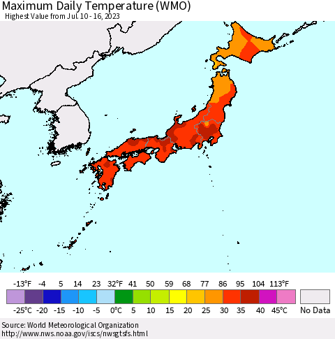 Japan Maximum Daily Temperature (WMO) Thematic Map For 7/10/2023 - 7/16/2023