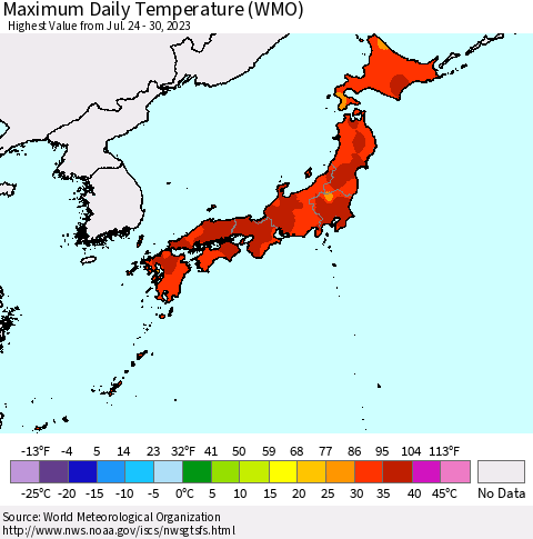 Japan Maximum Daily Temperature (WMO) Thematic Map For 7/24/2023 - 7/30/2023