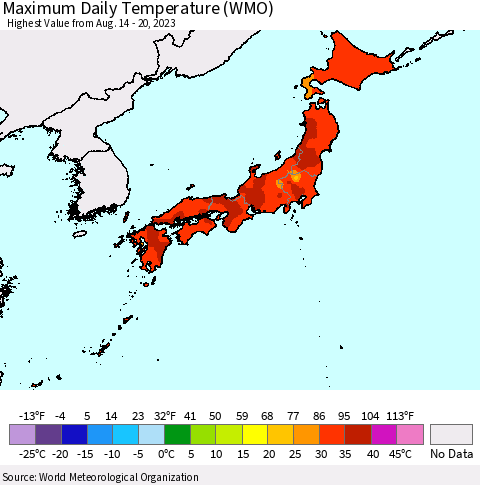 Japan Maximum Daily Temperature (WMO) Thematic Map For 8/14/2023 - 8/20/2023