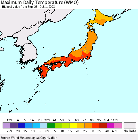 Japan Maximum Daily Temperature (WMO) Thematic Map For 9/25/2023 - 10/1/2023