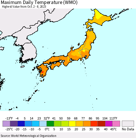 Japan Maximum Daily Temperature (WMO) Thematic Map For 10/2/2023 - 10/8/2023
