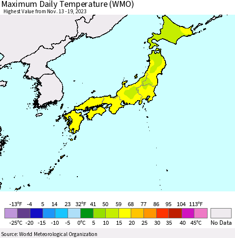 Japan Maximum Daily Temperature (WMO) Thematic Map For 11/13/2023 - 11/19/2023