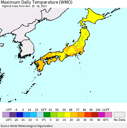 Japan Maximum Daily Temperature (WMO) Thematic Map For 11/20/2023 - 11/26/2023
