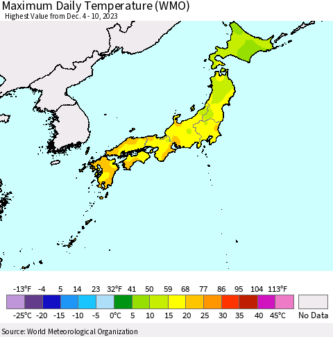 Japan Maximum Daily Temperature (WMO) Thematic Map For 12/4/2023 - 12/10/2023