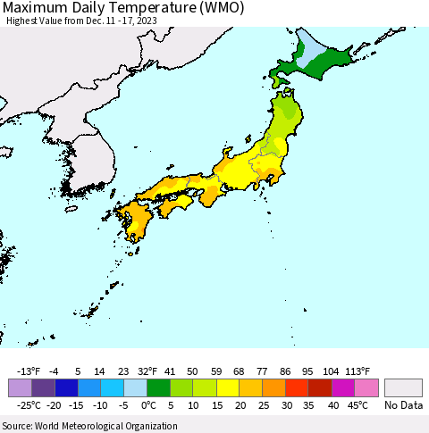 Japan Maximum Daily Temperature (WMO) Thematic Map For 12/11/2023 - 12/17/2023