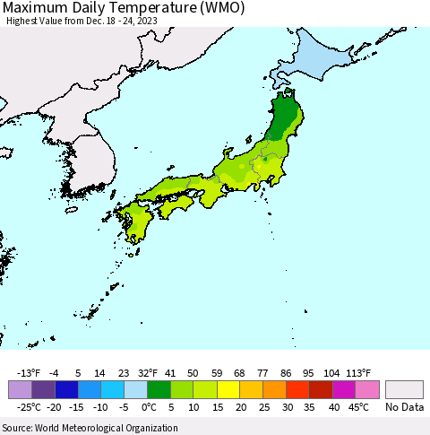 Japan Maximum Daily Temperature (WMO) Thematic Map For 12/18/2023 - 12/24/2023