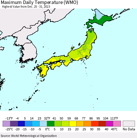 Japan Maximum Daily Temperature (WMO) Thematic Map For 12/25/2023 - 12/31/2023