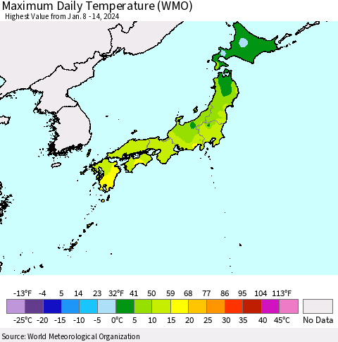 Japan Maximum Daily Temperature (WMO) Thematic Map For 1/8/2024 - 1/14/2024