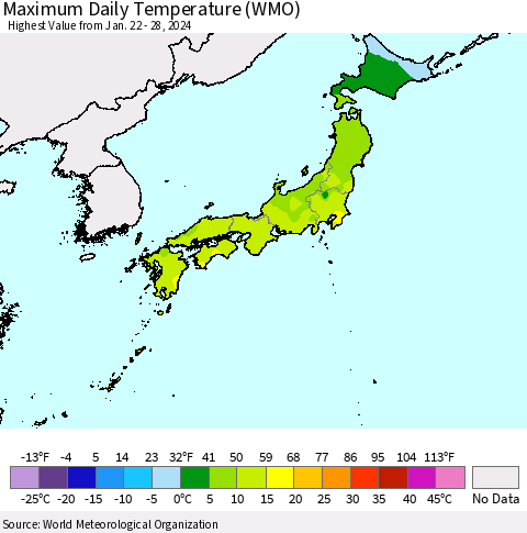 Japan Maximum Daily Temperature (WMO) Thematic Map For 1/22/2024 - 1/28/2024