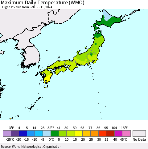 Japan Maximum Daily Temperature (WMO) Thematic Map For 2/5/2024 - 2/11/2024