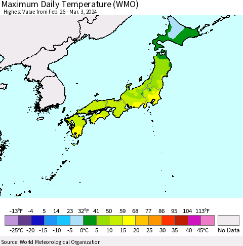 Japan Maximum Daily Temperature (WMO) Thematic Map For 2/26/2024 - 3/3/2024